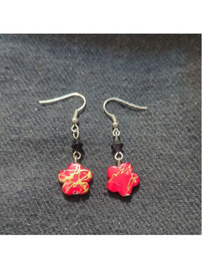 Silver Tone Black Red Gold Beaded Flower Dangle Drop Statement Earrings